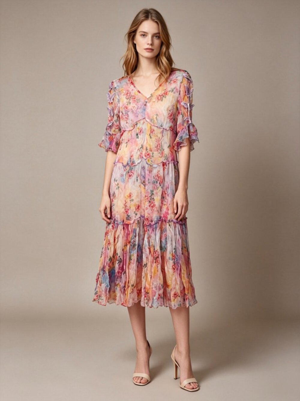 NWT Silk Floral-Print Midi Dress 3D Butterfly - Picture 1 of 10